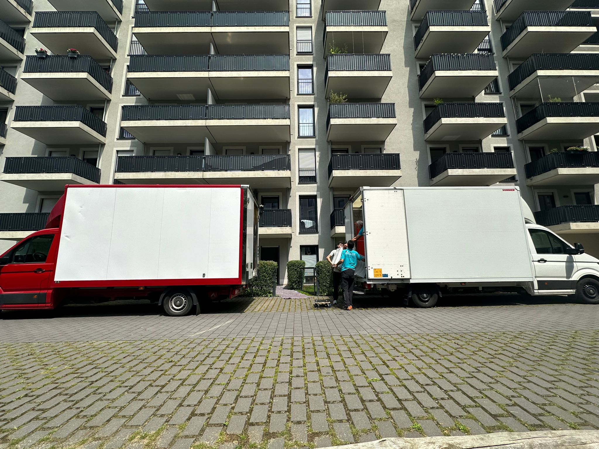 2 Transporter vor einem großen Bloghaus