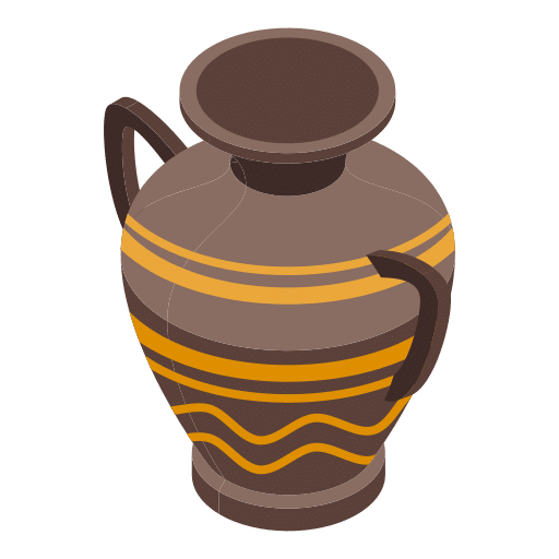 Illustration einer braunen Keramikvase mit zwei Henkeln und dekorativen gelben horizontalen Streifen und Wellenlinien um den Körper herum, schräg betrachtet auf einem hellen Hintergrund - perfekt, um Ihr Projekt Entrümpelung Lünen aufzuwerten. - Axin Entrümpelung