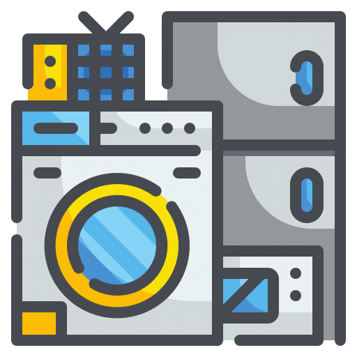 Illustration von Haushaltsgeräten - einschließlich einer Waschmaschine, eines Kühlschranks, einer Klimaanlage, einer Fernbedienung und einer Mikrowelle - in einem flachen, farbenfrohen Stil; perfekt für die Darstellung von Entrümpelung Lünen oder Haushaltsentrümpelungsdiensten. - Axin Entrümpelung