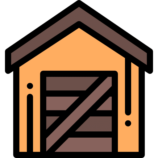 Illustration eines kleinen orangefarbenen und braunen Schuppens oder einer Scheune, perfekt für eine Szene der Entrümpelung Lünens, mit einer diagonalen Holzplanke an der Tür und einem dreieckigen Dach. Die Zeichnung verwendet kräftige schwarze Umrisse und einfache Formen. - Axin Entrümpelung