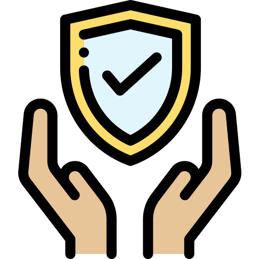 Zwei erhobene Hände auf beiden Seiten eines Schildes mit einem Häkchen in der Mitte symbolisieren Schutz, Sicherheit und Geborgenheit - ideal, um bei der Entrümpelung Lünens Vertrauen und Zuverlässigkeit zu vermitteln. - Axin Entrümpelung