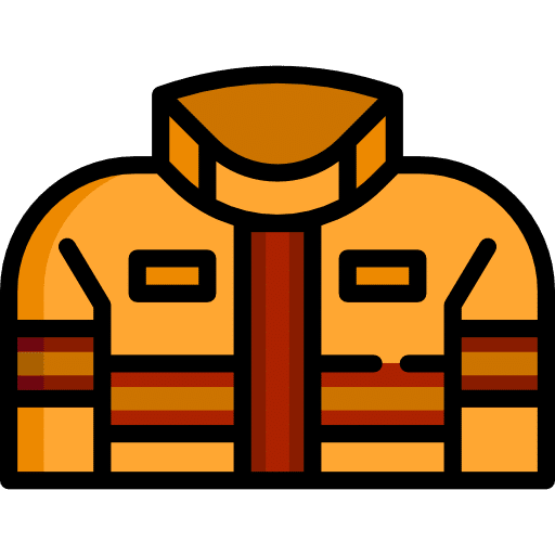 Illustration einer orangefarbenen Feuerwehrjacke mit dunkelbraunen Streifen, großem Kragen und rechteckigen Namensaufklebern mit der Aufschrift 