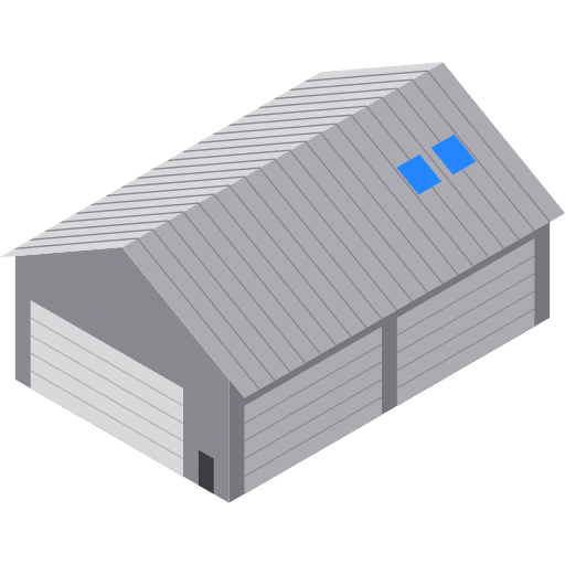 Isometrische Illustration einer grauen Garage mit schrägem Dach, drei großen Garagentoren, einem kleineren Seitentor und zwei blauen Fenstern auf dem Dach - perfekt für die Präsentation der Dienstleistungen von Entrümpelung Lünen. - Axin Entrümpelung