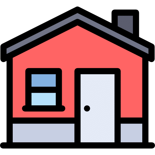 Einfache Illustration eines roten Hauses mit schwarzem Dach, blauen Fenstern, weißer Tür und einem grauen Schornstein - perfekt für die Darstellung von Dienstleistungen wie Entrümpelung Lünen. - Axin Entrümpelung